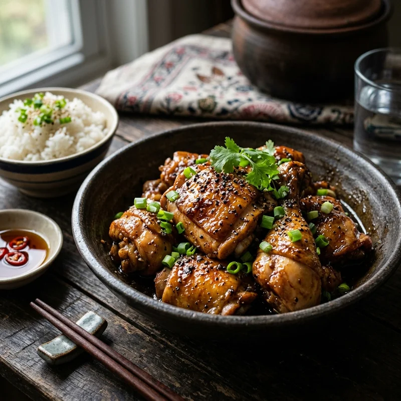 Mâm cơm Gà rim tiêu canh chua thịt bằm