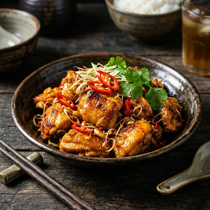 Mâm cơm Gà xào sả ớt canh cải cúc thịt băm