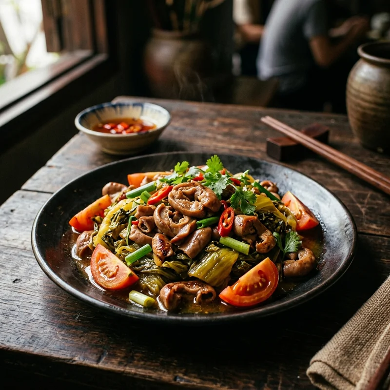 Mâm cơm Lòng xào dưa canh khoai mỡ