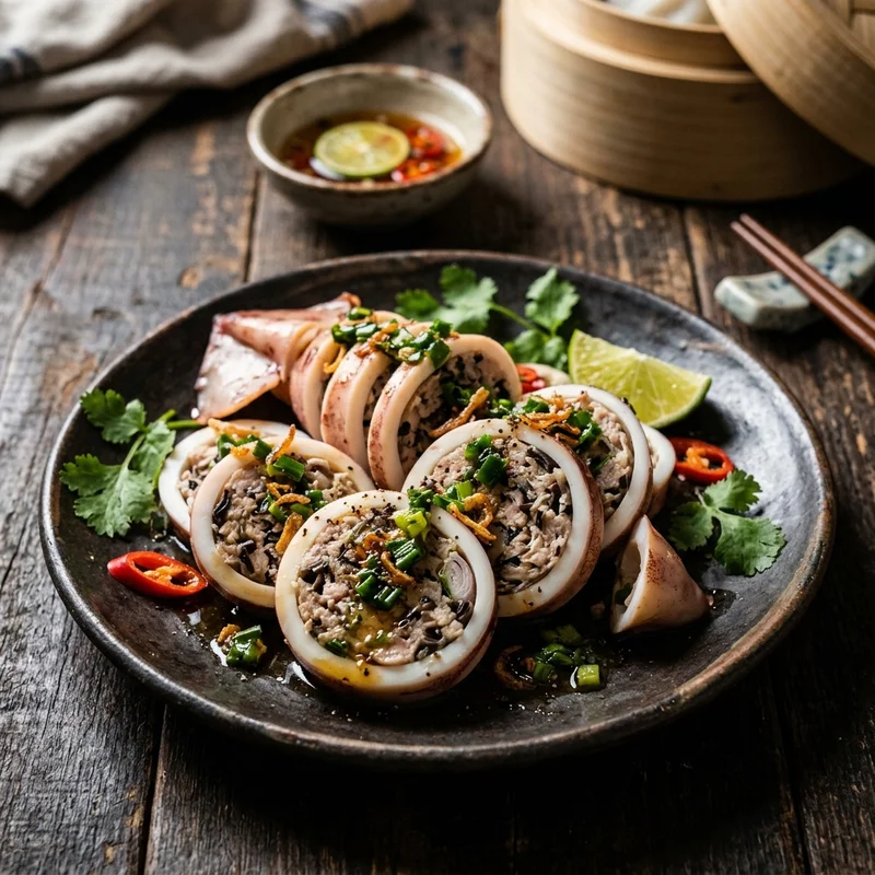 Mâm cơm Mực nhồi thịt hấp canh dưa chua thịt bò