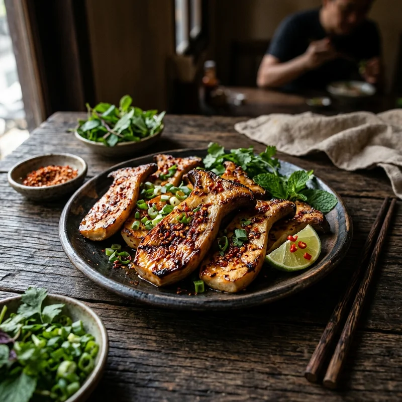 Mâm cơm Nấm đùi gà nướng muối ớt canh trứng cà chua