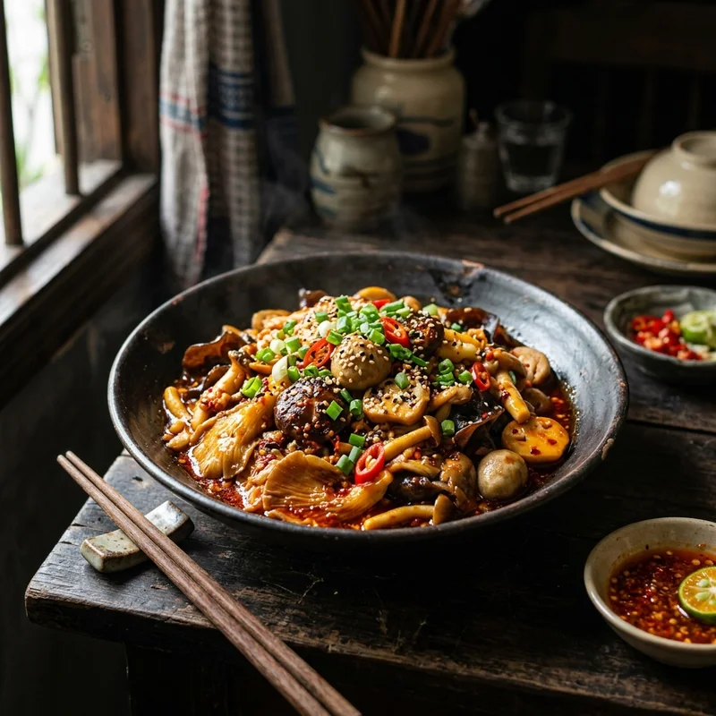 Mâm cơm Nấm xào sa tế canh cải bó xôi thịt băm