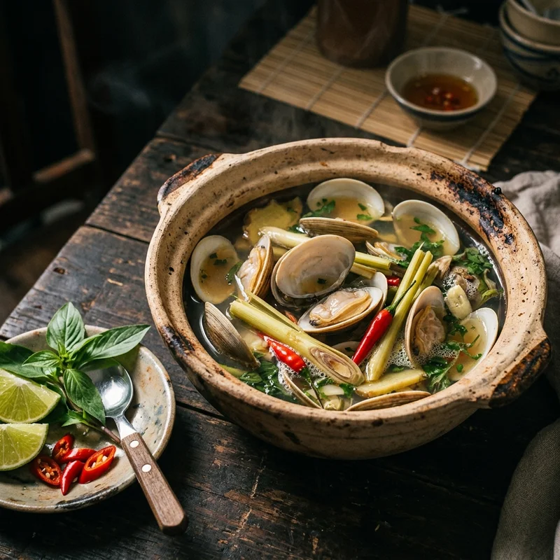 Mâm cơm Nghêu hấp sả canh măng chua