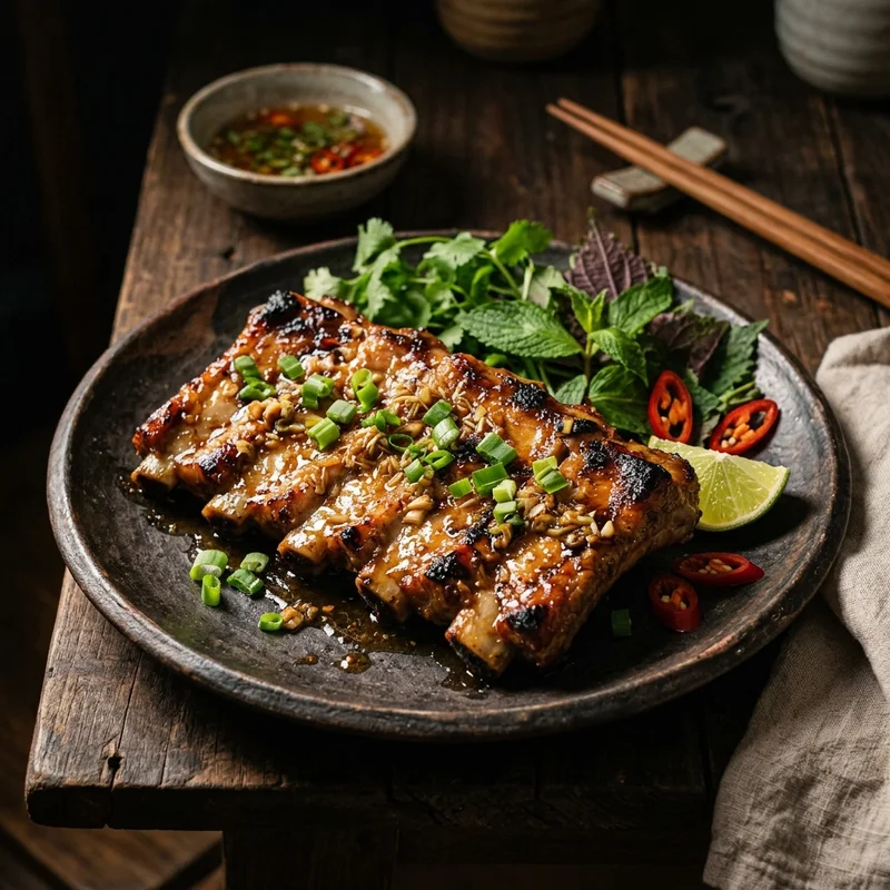 Mâm cơm Sườn nướng sả canh cải xanh nấu cá