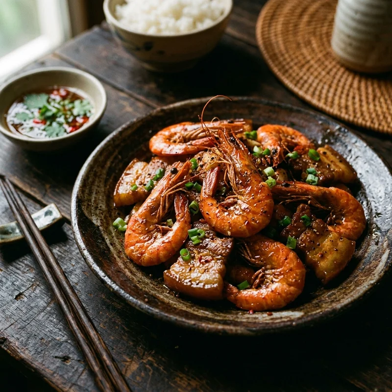 Mâm cơm Tôm rang thịt ba chỉ canh nghêu nấu chua