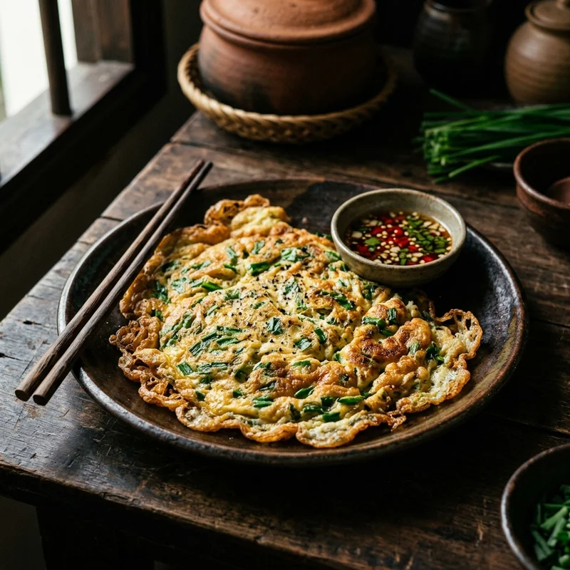 Mâm cơm Trứng chiên lá hẹ canh cải cúc thịt băm