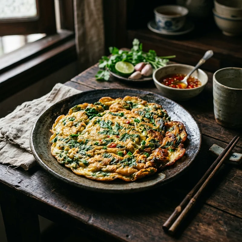 Mâm cơm Trứng chiên ngải cứu canh cải cúc thịt băm