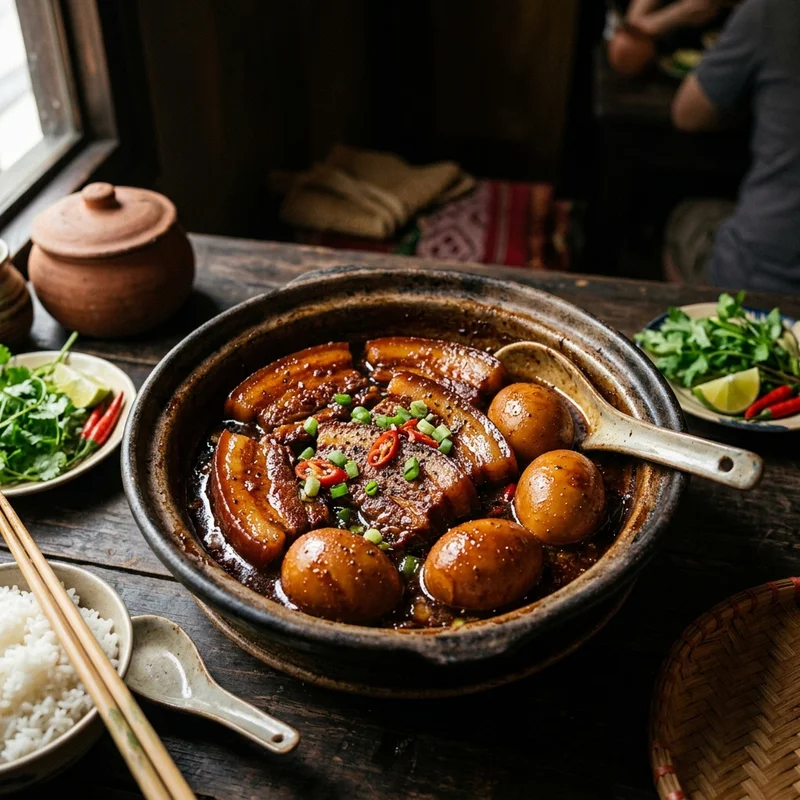 Mâm cơm Trứng kho thịt ba chỉ canh nghêu nấu chua