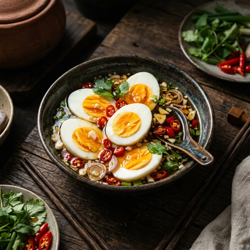 Mâm cơm Trứng luộc dầm mắm canh cải cúc thịt băm