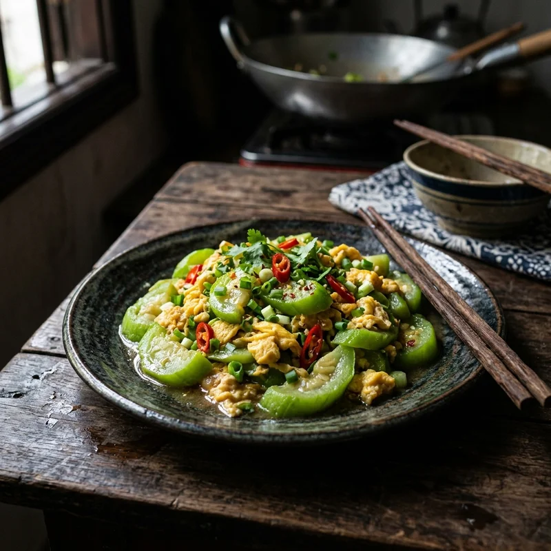 Mâm cơm Trứng xào mướp canh rau ngót thịt băm