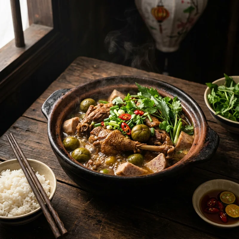 Mâm cơm Vịt om sấu rau muống